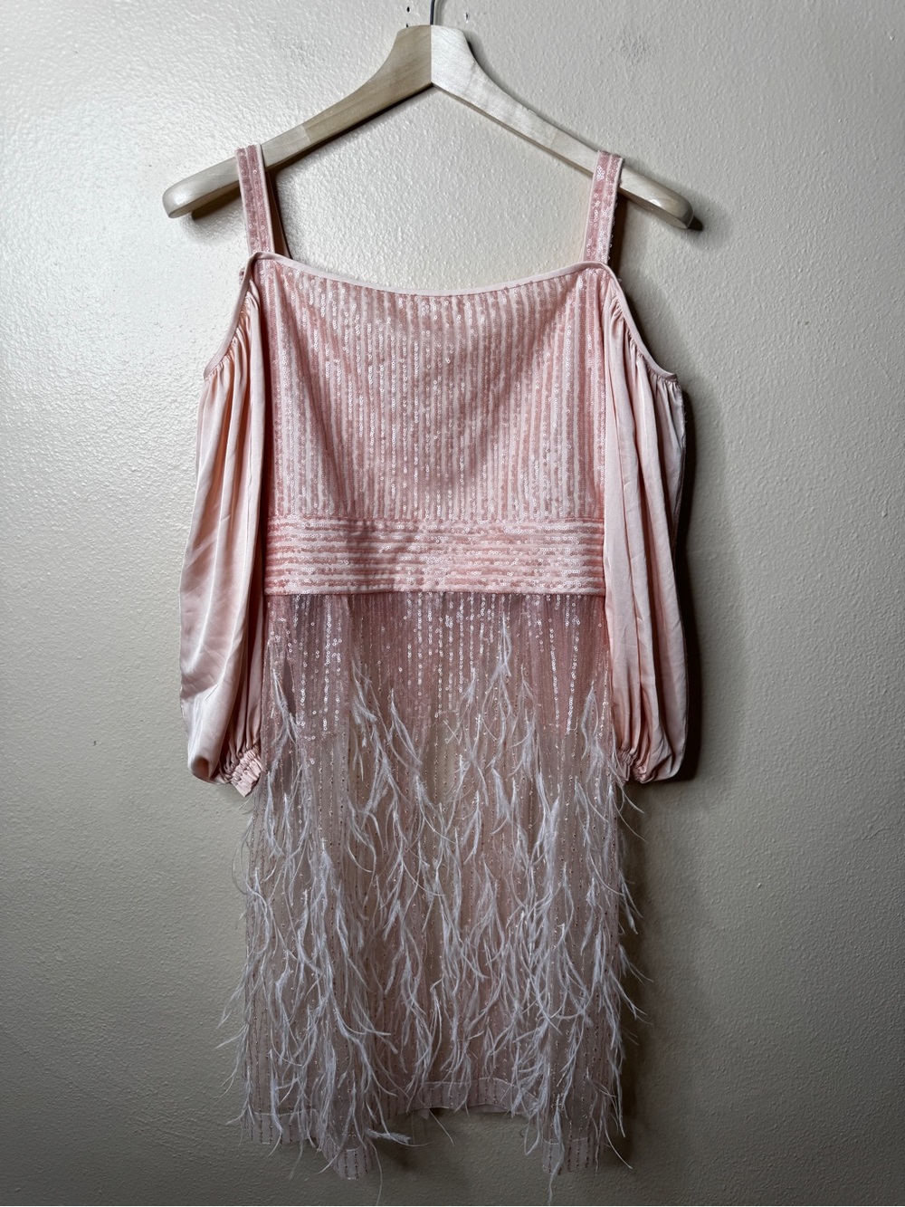 OCHERETNY Womens Small Pink Sequin Feather Cold Shoulder Tunic Blouse Designer - Picture 2 of 8